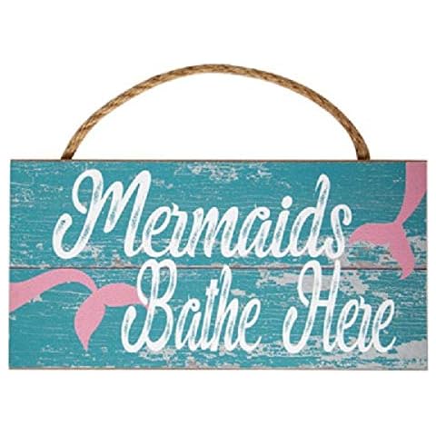 Mission Gallery Darling Distressed Wood Mermaids Bathe Here Hanging Wall Sign - 10x5.5 inches Cover