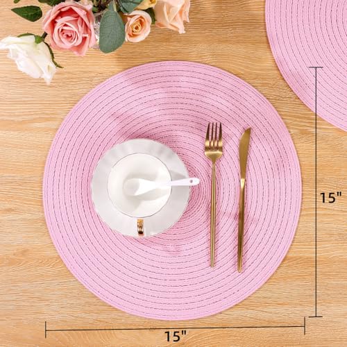 Image of SHACOS Round Braided Placemats Set of 4 Washable 15 inch Round Table Mats for Dining Table Place Mats Home Wedding Party Decor (Pink, 4)