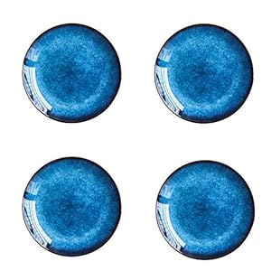 Porcelain Dinnerware Dinner Plate Set Blue Klin Glazed Flat Round Plates-Set of 4