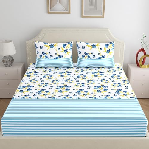 Image of Home Ecstasy 100% Cotton King Fitted Bedsheet with 2 Pillow Covers - (Size 72 x 78 inches, 140 TC, Colour - Blue)