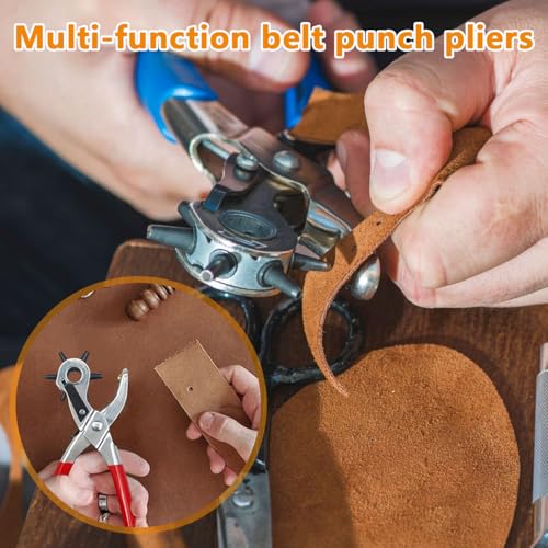 Image of Leather Hole Punch Belts Super Heavy Duty Rotary Puncher, 6 Hole Sizes Maker Tool Watch Bands, Straps, Dog Collars, Saddles, Shoes, Fabrics, DIY Home or Craft Projects (Red)