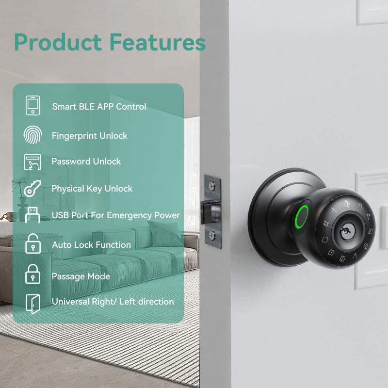 Fingerprint Door Lock,4 in 1 Smart Door Knob with Keypad Code,Biometric & App Control,Auto-Lock,Keyless Entry Door Locks for Bedroom,Home,Garage,Apartment,Office,Warehouse