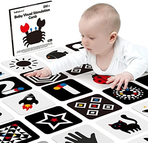 hahaland High Contrast Baby Flashcards - Black and White Infant Baby Cards 0-6 Months Tummy Time 0-3-6 Months Montessori Sensory Cards, 20 PCs 6''×6'' Newborn Brain Visual Stimulation Baby Boy Gifts