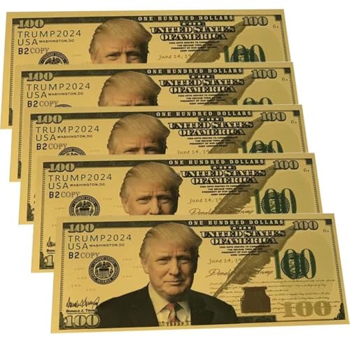 YIQILAFADA 5 Stück 2024 Gold Trump Rechnungen, 100 Präsident Donald Trump Authentische 24 Karat vergoldete Banknote
