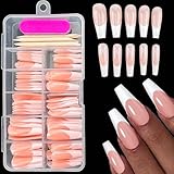 120 Pcs Long Coffin Press on Nails White French Tip Fake Nails Nude Glossy Acrylic Glue on Nails Full Cover False Nail Tips Kit Reusable Long Artificial Stick on Nails for Women DIY Nail Art Manicure