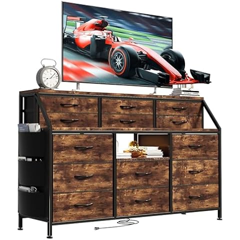 Jojoka 55”W Dresser with Led Lights & Power Outlets, Fabric Dresser for Bedroom with 14 Drawers Dresser & Side Pockets & Open Shelves Cover