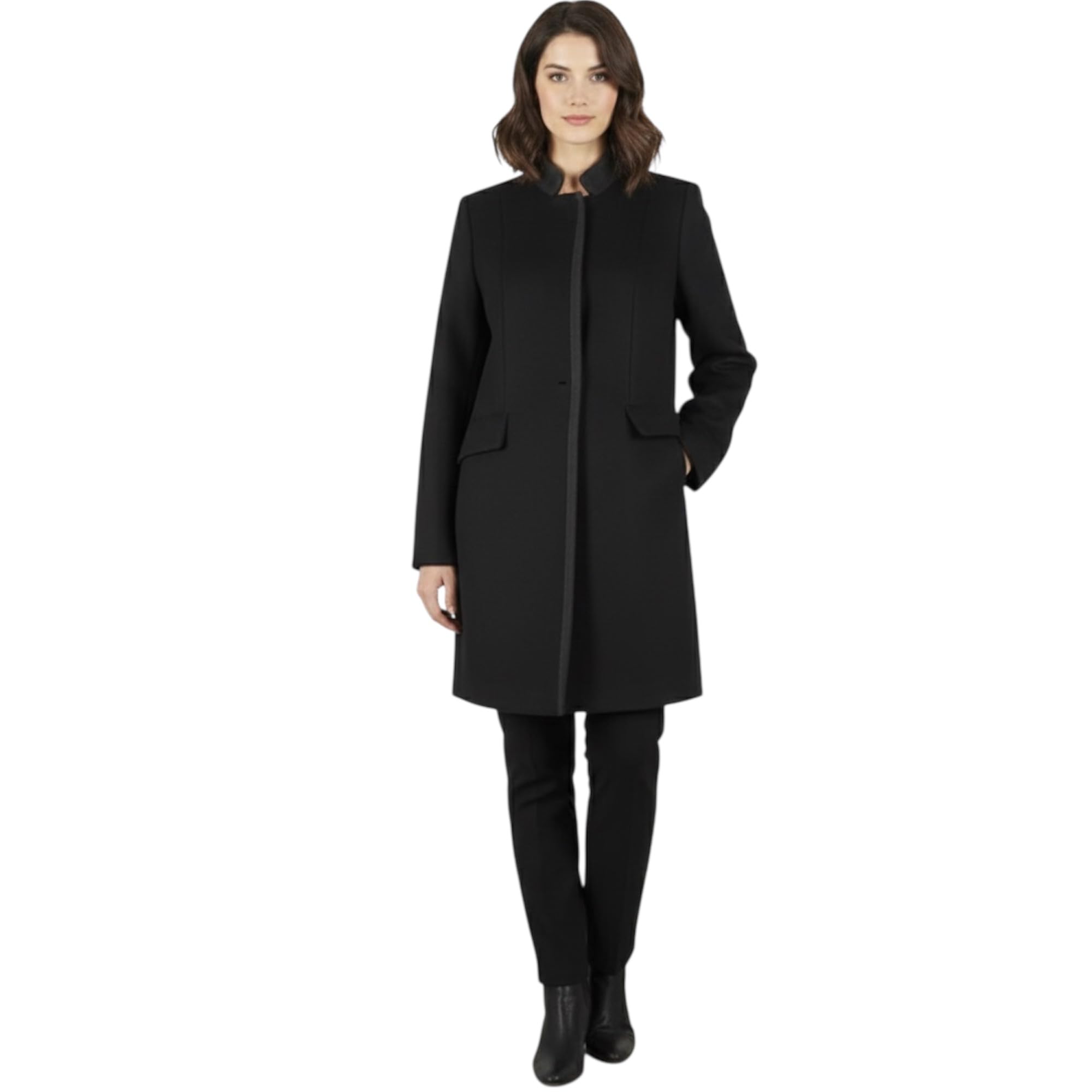 Women's Long Sleeve Wool Blend Coat Mandarin Collar Single Button Black Longline M-image-6