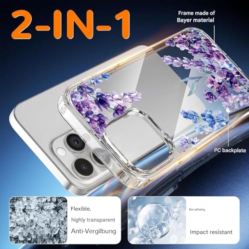 Image of Elzzi Clear Floral Case for iPhone 14 Pro Max, Lavender Flower Clear Phone Case for Women Girls, Cute Aesthetic Purple Botanical Transparent Shockproof Protective Slim Cover (Deep with Leaf)