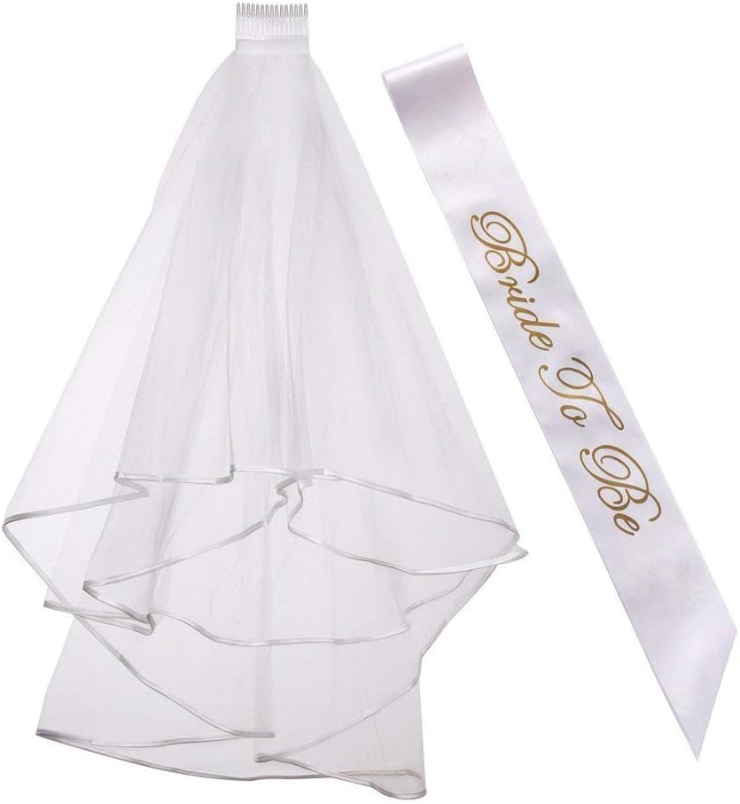 Rmeet Bride to Be Sash and Veil,White Bridal Wedding Veil with Comb+Gold Bride to Be Banner Hen Party Accessory for Bridal Shower Hen Night Party Decoration