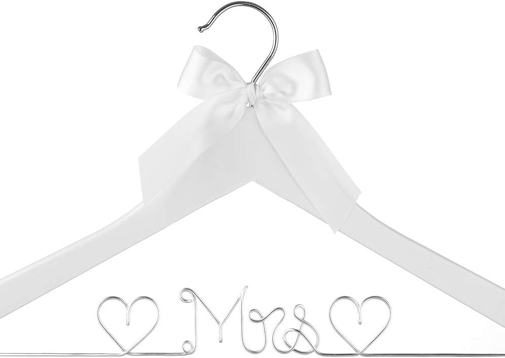 Bridal Dress Hanger Solid Wood Dress Hangers Mrs Letter Hanger Wedding Gift (White Coat Hanger Silver Thread Pearl)