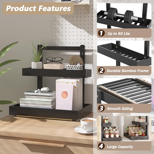 Bamboo Under Sink Organizer and Storage, 2 Tier Pull Out Cabinet Organizer, Slide Out Under Sink Storage Shelf, Undersink Organizers Shelves for Kitchen Bathroom Organization (Black, 1 Pack) - Image 3