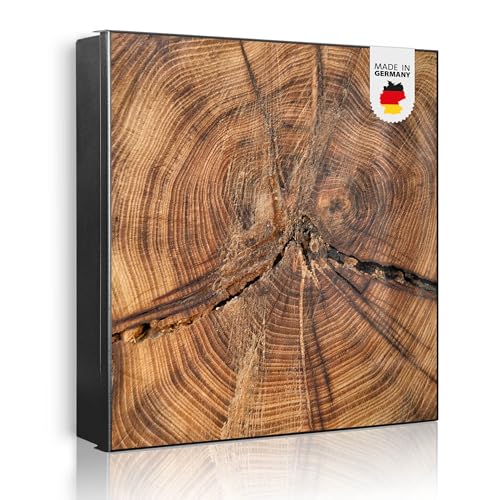 banjado Großer Schlüsselkasten Metall - Schlüsselbox 30x30cm mit 32 Haken - Schlüsselkasten modern für Schlüsselaufbewahrung mit beschreibbarer, magnetischer Tür - Motiv Jahresringe