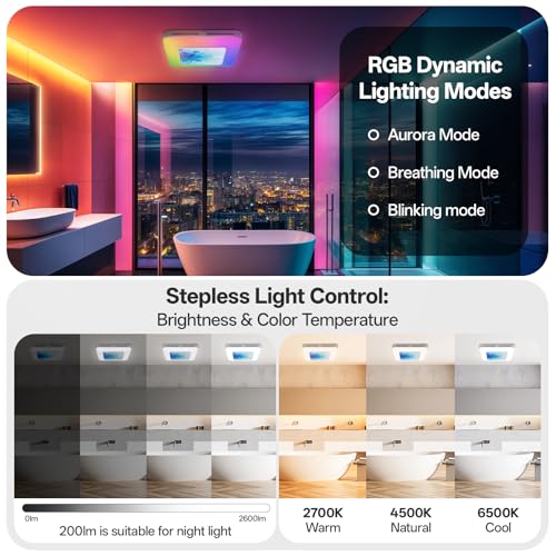 Hawkrown Bathroom Exhaust Fan with Light Humidity Sensor, Bathroom Fan with Odor & Humidity Sensor, 230 CFM 1.0 Sone Venlitation Fan with 3CCT LED Light 7 LED Color, Remote Control Easy Install by Hawkrown - Image 7