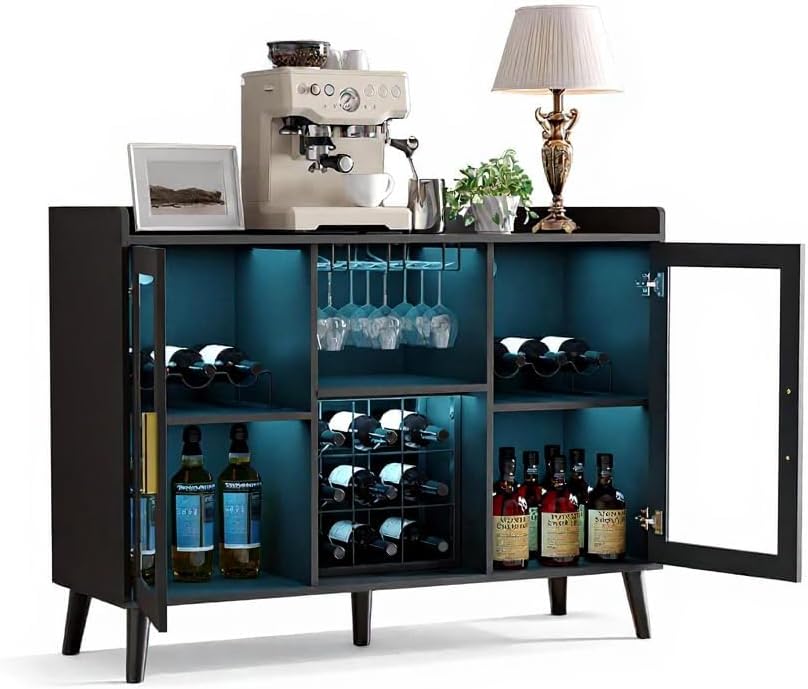 Wine Bar - LED Lighting, Glass Doors, 18-Bottle Wine Racks, Glass Holders - Wood Coffee Bar Station for Home, Living Room, Kitchen & Apartment - Black