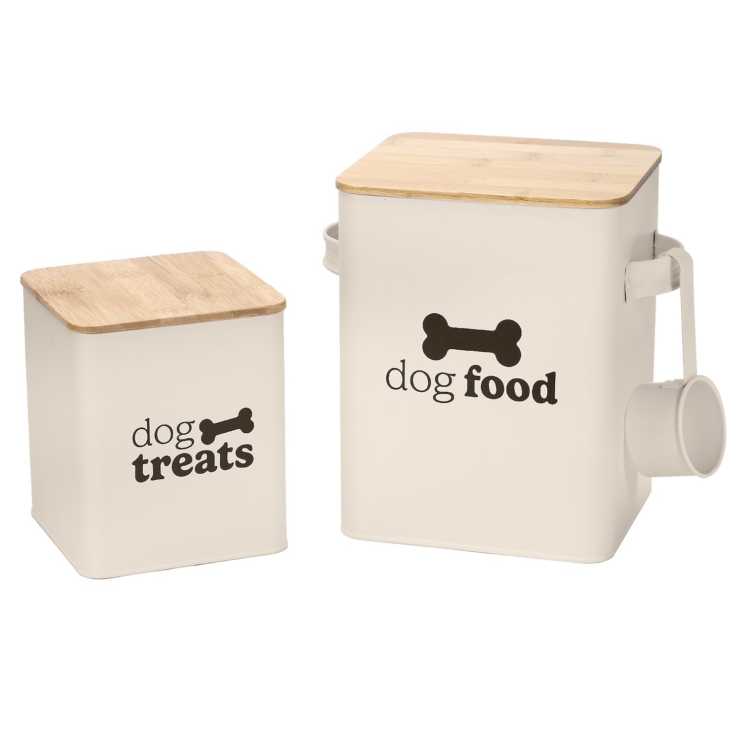 DANIEL JAMES Housewares 2 Pack Dog Food and Treats Storage Box Canister Tin with Serving Scoop, Metal Dog Food Tin, Pet Food Storage Box, Dog Treat Food Storage Bin, Scoop Included, Cream