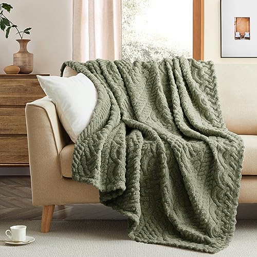 Coastline Sherpa Throw Blanket,Cable Pattern Decorative Soft Cozy Blanket for Couch Sofa,Light Weight Fleece Warm Throw Blanket for Bed,Olive Sage Green,127 x 152 cm