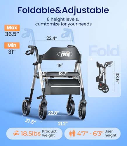 Image of VOCIC Z21 Rollator Walker for Seniors with Seat, 8 inch All Terrain, 350 LBS | Lightweight Foldable & Dual Height Adjustable for Seniors, Ergonomic Arc Seat&6 inch Ultra Backrest Provide Comfort, Silver