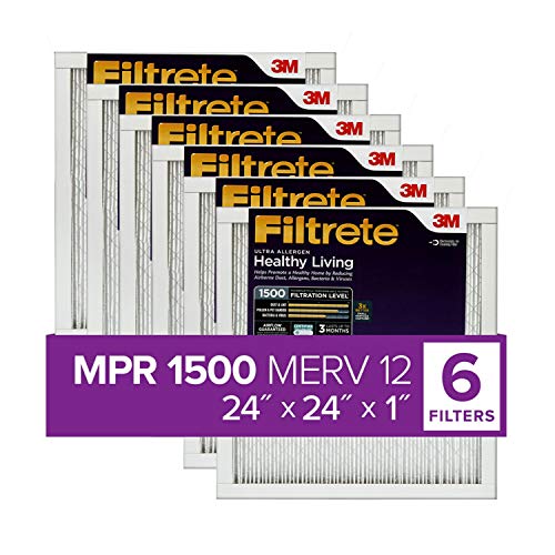 Filtrete 24x24x1, AC Furnace Air Filter, MPR 1500, Healthy Living Ultra Allergen, 6-Pack (exact dimensions 23.81 x 23.81 x 0.78)