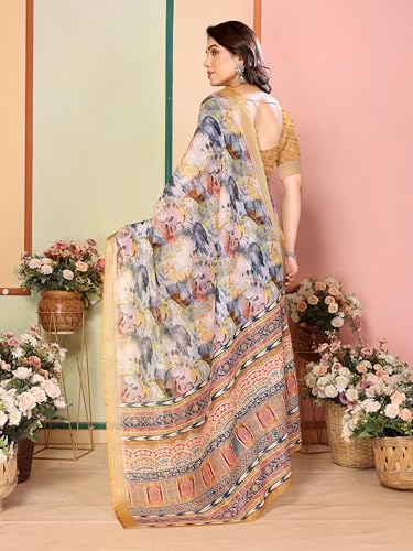 Image of Sidhidata Women's Cotton Linen Blend Lining Digital Printed Saree With Unstitched Blouse Piece (Linen Lining Saree)