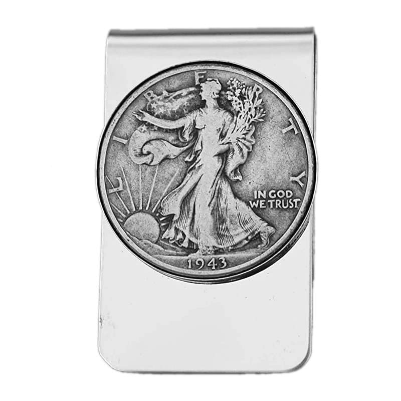US 1943 Walking Liberty Half Dollar 90% Silver Coin Stainless Steel Money Clip NEW - Silver Plated Coin Bezel