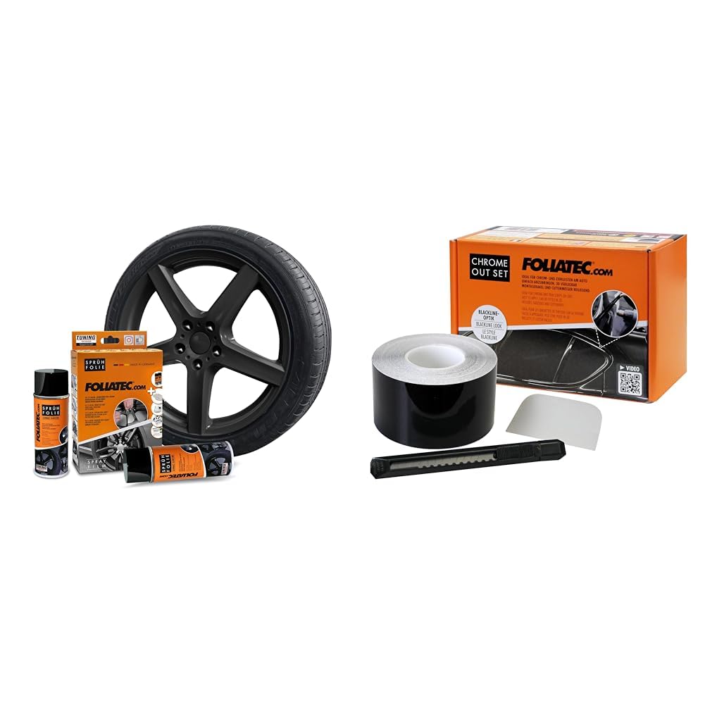 Foliatec Sprühfolie Auto Felgenfolie Sprüh Lack Set für 4 Felgen, Abziehbar, Gute Deckkraft, Schwarz Glänzend, 2x 400 ml & Chrome Out Set Zierleisten Folie Schwarz Glänzend