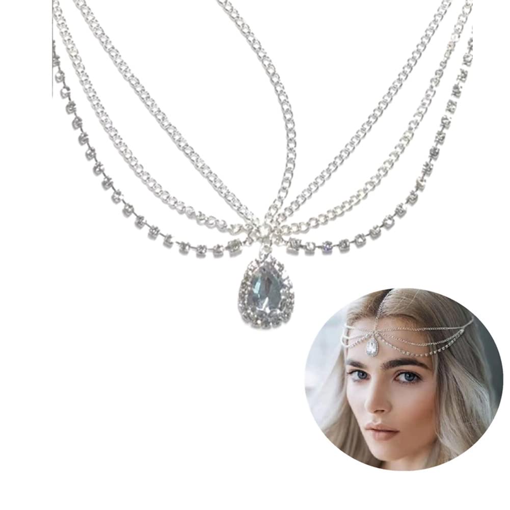 HonkendaBoho Bridal Crystal Head Chain with Teardrop for Women and Girls, Diamond Bride Wedding Headpiece Tassel Hair Accessories Jewelry for Costume Festival Prom Party (Silver)
