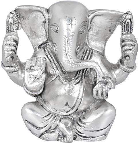 Exotic India Ganesha Eating Modaka - Brass Statue - Color Amazing SilverColor