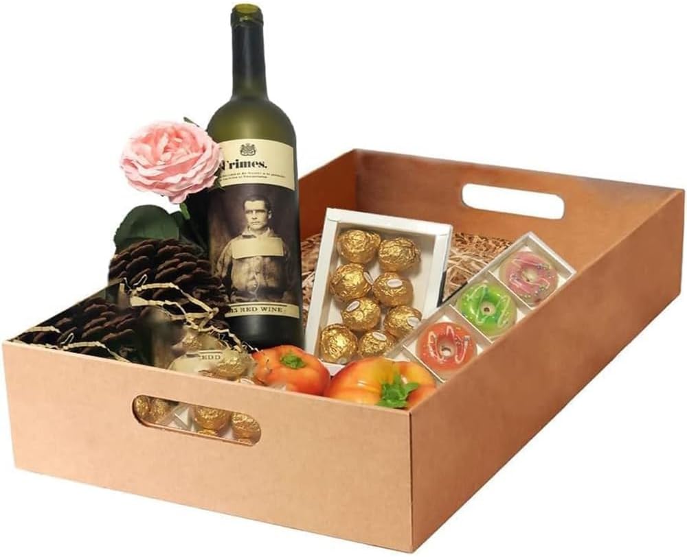 5 x Cardboard Gift Hamper Tray 16" x 10.5" x 4" (40cm x 26cm x 10cm) Empty Patch Handle Serving Tray for Gifts Display Drink Cans