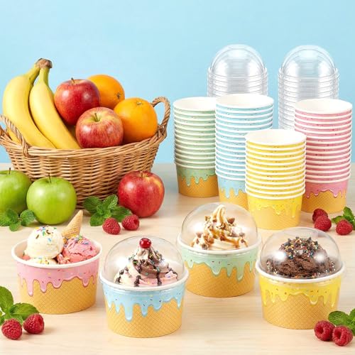 Image of Jingmore 80 Count Paper Ice Cream Cups with Clear Dome Lids Disposable Dessert Cups Bulk Dessert Bowls Sundae Containers for Snack Yogurt Soup Birthday Ice Cream Party Supplies (8 oz)