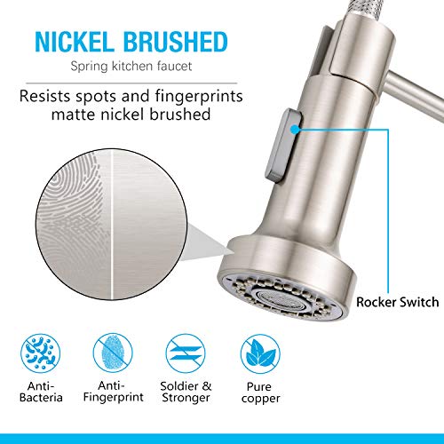 Qomolangma Kitchen Faucet Lead Free High Arc Spring Kitchen Sink Faucet with Pull Down Sprayer, Single Handle Single Lever Pull Out Kitchen Faucet,Brush Nickel