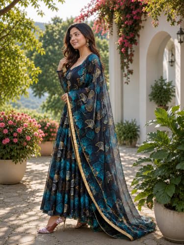 Image of Anveri Women's Floral Printed Anarkali Gown with Dupatta | Ethnic Long Dress for Women | Designer Festive Maxi Kurta Set