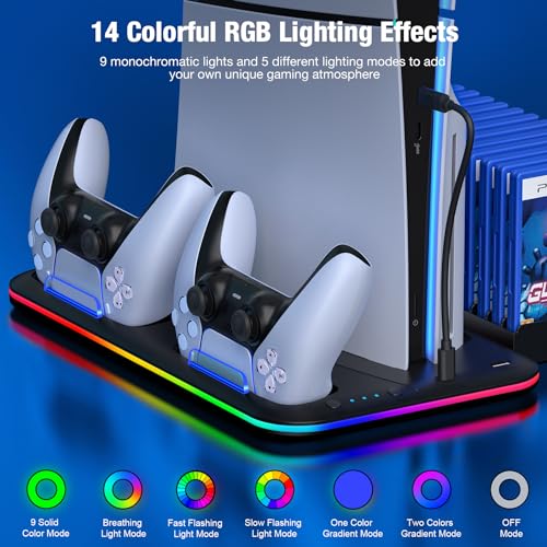 Euroa Ps5 Stand, Ps5 Slim Stand With Cooling Station And Controller Charging Station For Ps5 Slim Console Disc/Digital, Ps5 Accessories-Cooling Fan, Rgb Led, Headset Holder, 15 Game Slot For Playstation 5 thumb #3