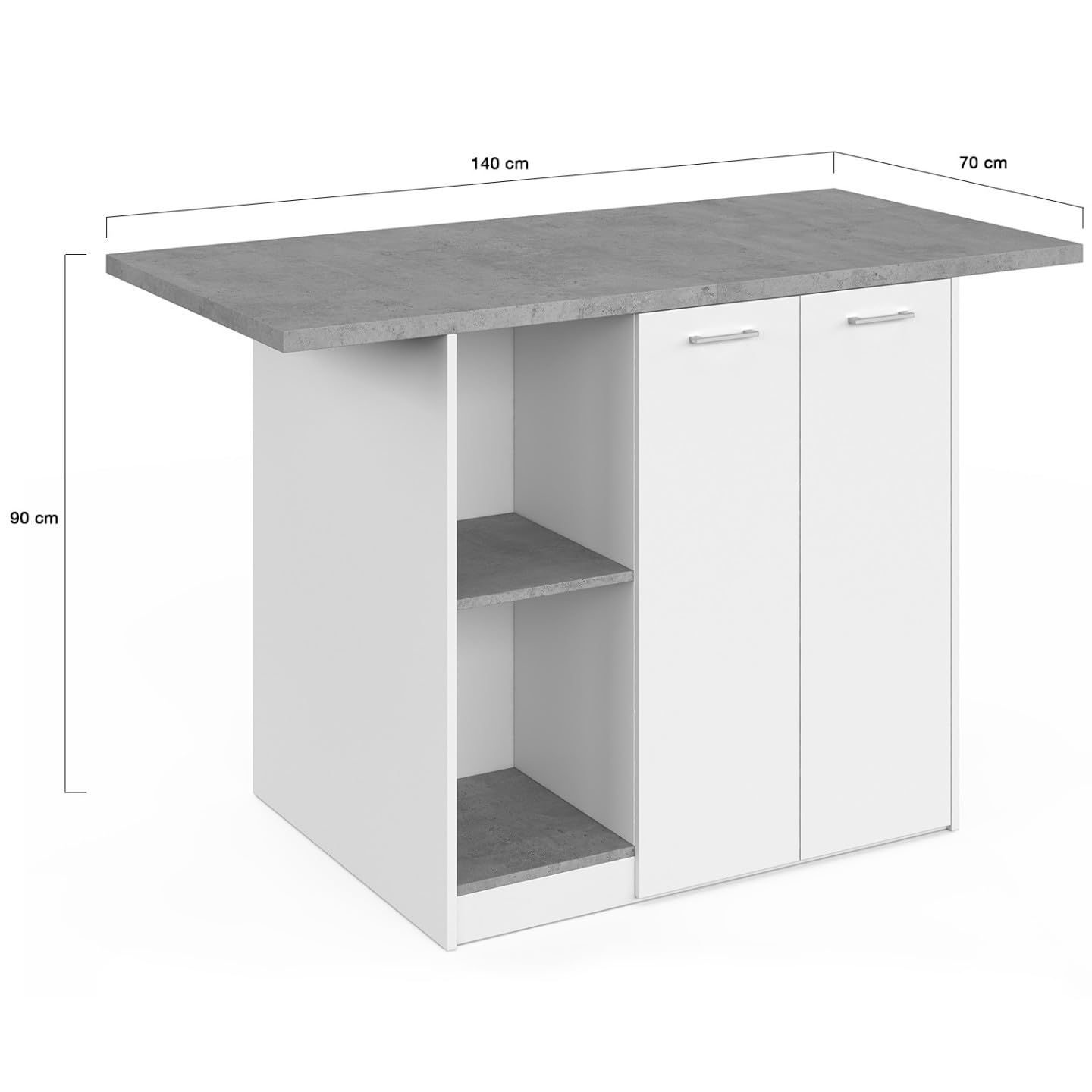 IDMarket - Ilot Central BAO 140 cm 4 Personnes Bois Blanc avec Plan de Travail Effet béton