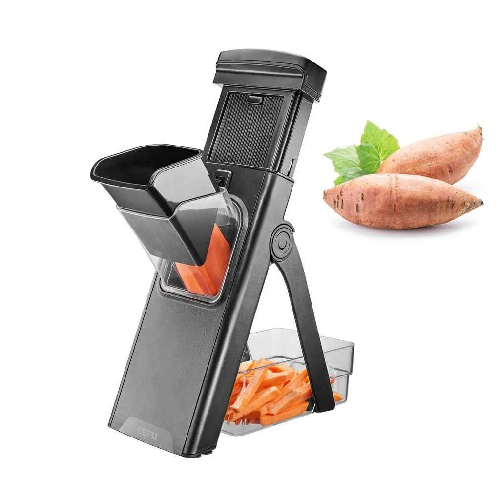 GEFU Affettatrice per patate dolci e verdure per fette e strisce di julienne, con contenitore, regolazione della lama, antiscivolo, in acciaio inox