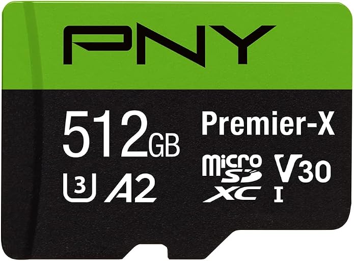 PNY 512GB Premier-X C10 U3 V30 A1 microSDXC Flash Memory Card, UHS-I | Up to 100MB/s Read, 4K UHD, Full HD, Smooth Content Capture, For Smartphones, Tablets, Drones, Video Cameras, Computers