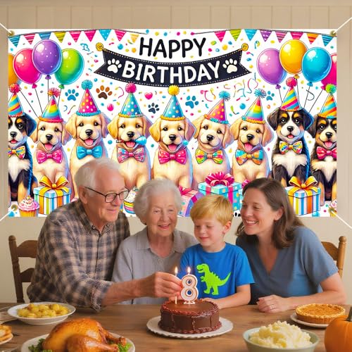 Image of 70.8x43.3 Inch Happy Birthday Dog Puppy Party Banner Paw Print Balloon Bow Tie Backdrop Decor Pet Dog Birthday Party Supplies Photo Background Gift