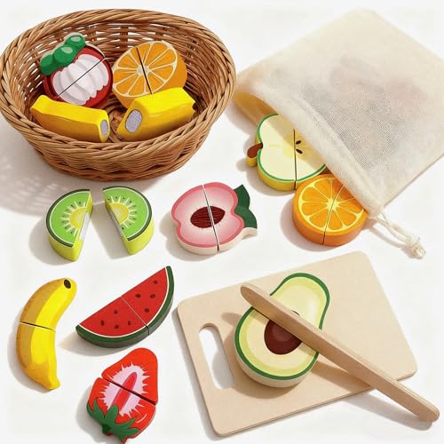 Holz Obst zum Schneiden Holzobst zum Zerschneiden ab 1 Jahre Spielküche Zubehör Holz für Kinder Spielküche Küchenset mit Klett-Verbindung Montessori Spielzeug 2 Jahre Geschenk für die Kleinen