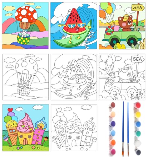 4 Pcs Kids Pre Drawn Canvas to Paint, 8 x 8 Inch Canvas Painting Kits with 12 Acrylic Paint Sets and 2 Brushes, Pre Sketched Canvas Set for Painting for Girls Boys Beginner Artists (Vacation)