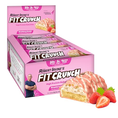 FITCRUNCH Full Size Protein Bars 6-Layer Baked Bar 3g of Sugar Gluten Free & Soft Cake Core (12 Bars Strawberry Strudel)
