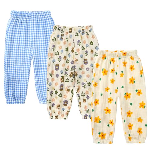 Image of Kids Tales 3 Pack Boys Girls Cotton Linen Pants Child Basic Plain Solid Trousers Big Kids Elastic Waist Long Pants Bloomers