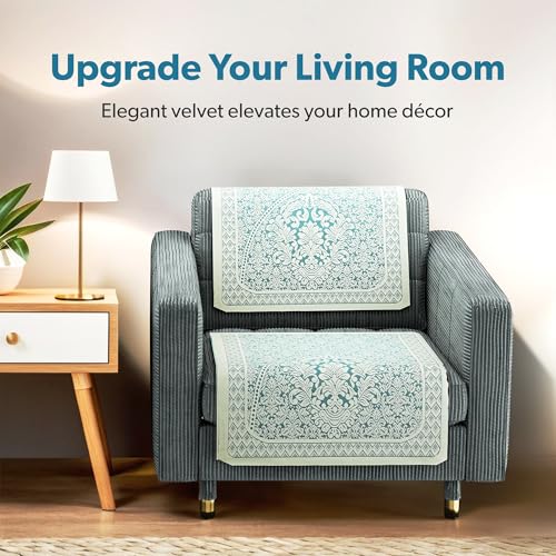 Image of Kuber Industries Cotton (Set of 10) Decorative Sofa Cover 5 Seater for Living Room | Durable Sofa Cover Protector for Home, Living Room & Office | Floral Design - Aqua & White