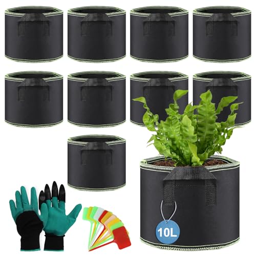 efuturetime 10 STK. 10L Stofftopf Rund mit Griff Pflanzenschilder Handschuh φ24 × 21.5 cm Blumentöpfe aus Stoff Atmungsaktiv Pflanzsack Filz für Gemüse Blumen Pflanzen Drinnen und Draußen, Schwarz