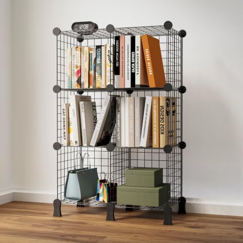 Image of BOXJOY 6 Shelf Metal Grid Showcase Rack for Living Room Display | Open Cabinet for Books, Decor & Collectibles | DIY Modular Bookcase Organizer for Home, Bedroom, Office (Black)
