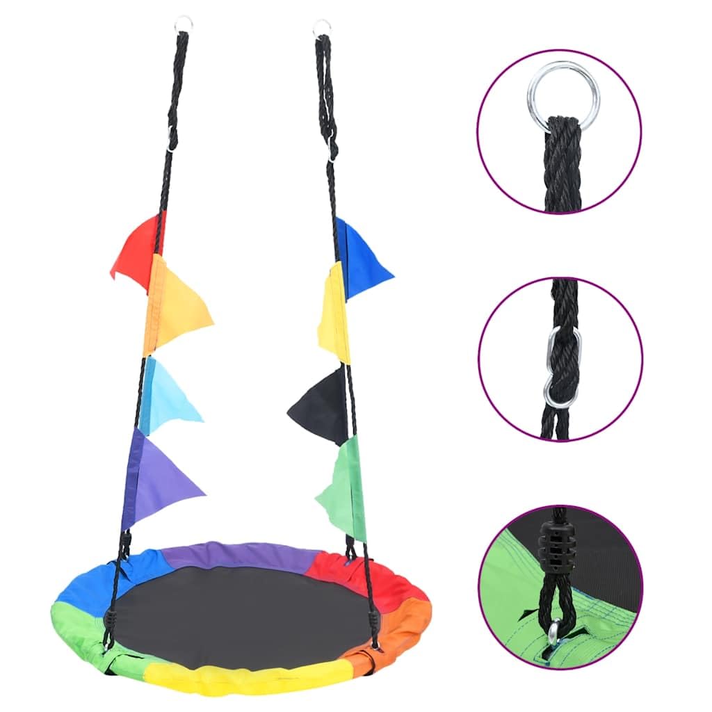 Columpio nido de 100 cm con banderas de arco iris, columpio redondo para niños con cuerdas ajustables, soporta hasta 100 kg, columpio de jardín para exteriores