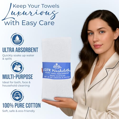 Image of DAN RIVER 24 Pack Wash Cloths for Showering [12x12] - 100% Cotton Washcloths Premium Quality Flannel Face Cloths for Bathroom, Highly Absorbent and Soft Feel Wash Clothes, White
