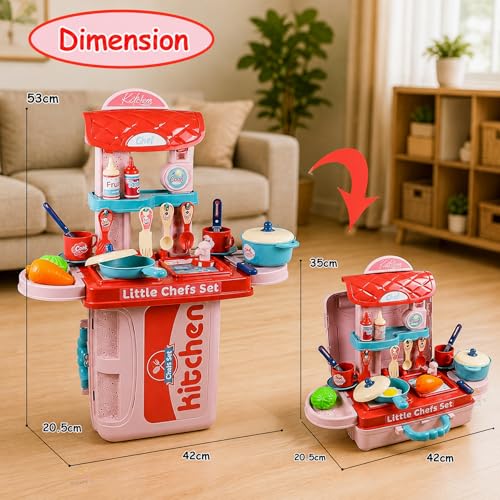 Image of WISHKEY Plastic 3 in 1 Kitchen Cooking Pretend Play Tool Set Toy for Little Chef's with Life Like Accessories & Cute Multi-Purpose Portable Suitcase for Kids ( Multicolor)