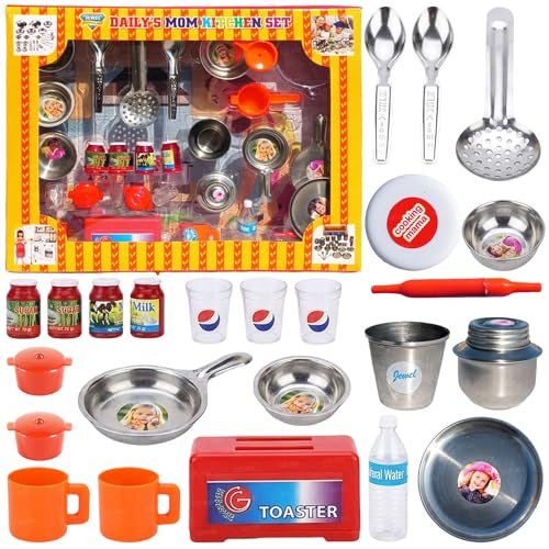 Image of DZLING Kids Steel Kitchen Set Toys, Traditional Indian Cooking Playset with Utensils, Gas Stove, Blender, Chakla Belan Accessories, Role Play Pretend Cooking Toy for Boys & Girls (Mom Kitchen)