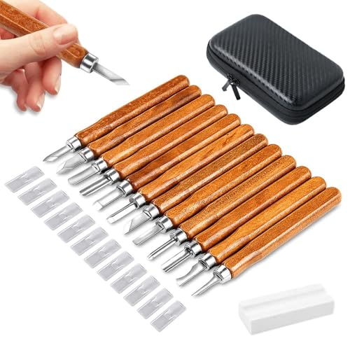 Wood Carving Tools - 12PCs with Sharpening Stone, Professional Engraving Tool kit Carbon Steel Sharp Carving Whittling Carving Set, for DIY Craft Woods Fruit Carving Sculpting and Kitchen Sculpting