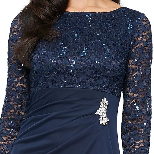 Image of S.L. Fashions Women's Long Mother of the Bride Dress with Stretch Lace Bodice & Hip Embellishment (Petite and Regular Sizes)