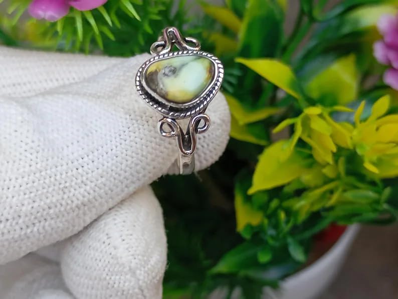 925 Sterling Silver Green Serpentine Ring in Handmade Vintage Bohemian Style Gemstone Ring for Women Artisan Jewelry